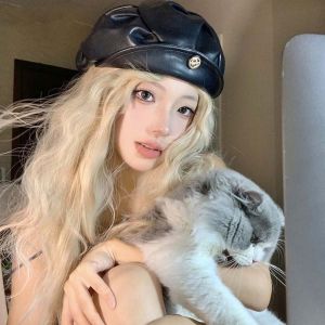 NAJIA Fold PU Leather Berets Solid Color Letter Octagonal Cap Fashion All-match British Cap Outdoor