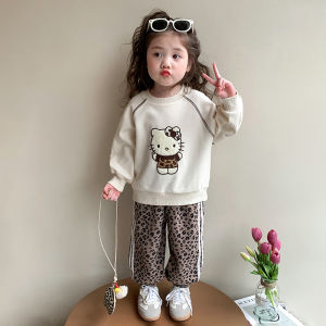 Christmas gifts Halloween Anime Sanrio Hello Kitty Autumn New Leopard Print Casual Outfit Kawaii Little Girls Bow Sweet Trousers Cartoon Sweet Pullover