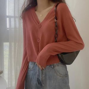 Womens Knitted Cotton V-neck Crop Top Long Sleeve Cardigan fashion Croptops Cardigans for Women for sale