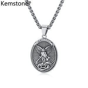 Kemstone Stainless Steel Saint Michael Archangel Pendant Necklace Mens Oval Shield Knight Guardian Pendant Necklaces Jewelry