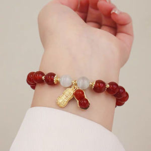 [fenggongshuode] New Year Lucky Beaded Bracelet Elegant Red Beads Peanut Pendant Charm Bangle Chinese Style Jewelry For Women Festival Gifts