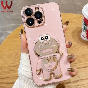 VWTEROKAI Electroplated 3D cartoon Doraemon stand holder phone case For iPhone 14 Pro Max 13 Pro Max 12 Pro Max 11 Pro Max XS Max XR 7 8 Plus camera protect Gold Plating Soft Silicone back cover