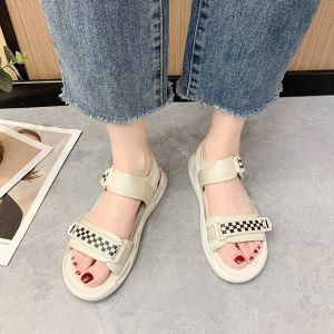 [Free Shipping] Womens Open-Toe Sandals Thick-Soled with Velcro Straps Beach Sandals Black and White Plaid Sporty Style Womens Platform Sandals.