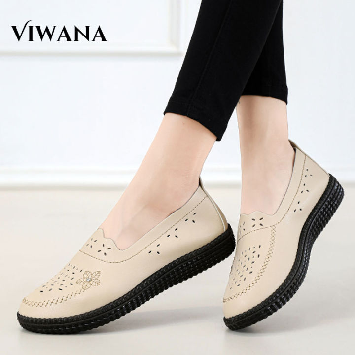 VIWANA Flat Shoes For Women Korean Style Waterproof Leather Casual Slip On  Shoes Plus Size 36 to 41 Soft Sole Black Loafers Ladies Boat Shoes Comfort 