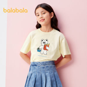 Balabala Childrens Short Sleeved Girls T Shirt 2024 New Summer Clothes Big Children Cartoon Printed Cotton Top Sweet