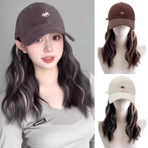 STARGOODS ไฮไลท์สีบลอนด์ หมวกเบสบอลพร้อมวิกผม วันพีซ วิกผมผม ผมหยักศกยาว ที่ต่อผม ระบายอากาศได้ระบายอากาศ วิกผมหมวกปรับได้ สำหรับผู้หญิง