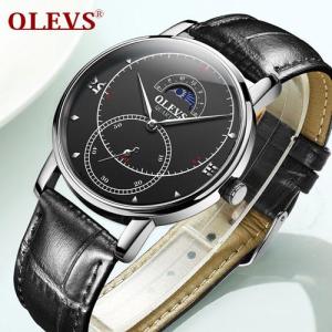 OLEVS Fashion Mens Watches Genuine Leather Strap Waterproof Quartz Watches For Men Business Style Sub-dial Multifunction Male Clock Top Brand Wristwatch For Men 5874