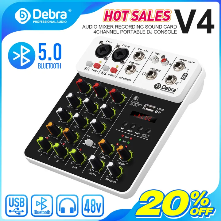 【Top Picks】 Debra V4 4 Channels Audio Mixer With Bluetooth USB 48V Phantom Power Delay Repaeat Effect For Sound Mixing Console PC Recording