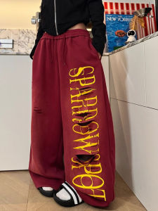 [Summer letter print ripped wide-leg pants]กางเกงขากว้างเอวสูงฉีกพิมพ์ลายตัวอักษรอเมริกันไล่เฉดสีสำหรับผู้หญิงในช่วงฤดูร้อน