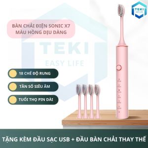 Bàn Chải Điện Đánh Răng Sonic X7 MÀU HỒNG Thông Minh 18 Chế Độ Làm Sạch Tặng Kèm 4 Đầu Thay Thế Lông Mềm Cao Cấp | TEKI