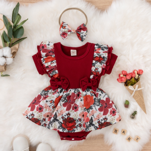 Baby Girl Jumpsuit Newborn Clothes Baby Romper Short Sleeve Ruffle Flower Bow Headband Suit