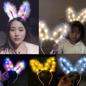 DENOSWIM Girls Headband with Light Lovely Faux Feather Rabbit Ears Hair Hoop 14 Led Light Up Glow Headband for Adults Festival Hallowen Party Headwear