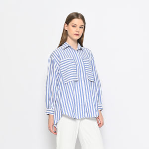 QUEENTIN Kemeja Casual Wanita 0174 Katun Salur Premium Lengan Panjang