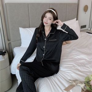 ❤️XL-5XL❤️ Ready Stock Ice Silk Satin Modern Collection Essentials Love Women Baju Tidur Wanita Collar Printed Pyjamas Set with 10 Designs LL06