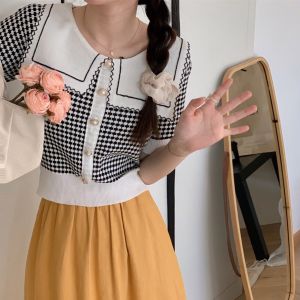 BL20771 Sailor Collar Short Sleeve Knit Top