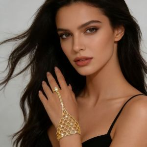 BEAUTYLADIES Rhinestone Tassel Ethnic Dance Accessory Adjustable Multi Layer Hollow Geometric Pendant Fashion Durable Golden Finger Bracelet Stage Performance