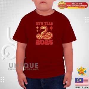 CNY 2025 Kids 100% Cotton T-shirt Boy/Girl (3-14 Year) Snake Year Short Sleeve Round Neck Red T-shirt CNYKR12