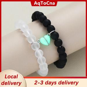 [COD] AqToCna Ship within 24 hours 2pcs Handmade Crown Beaded Charms Bracelet Luminou Heart Glow In The Dark Couple Bracelet For Lover Men Women Fluorescent Gift