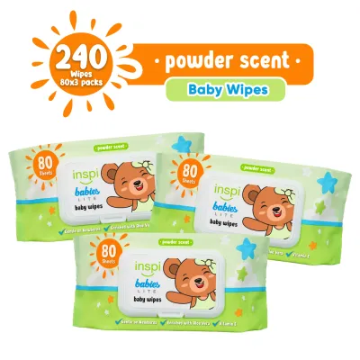 INSPI Babies Baby wipes Powder Scent 240 Tender sheets 3 Packs Wet Wipes for Baby kids newborn with Vitamin E Aloe Vera All Natural New born Wipe for Kids Baby Needs Sale Alcohol Free Moisturizer Wipe Bundle Sale flash sale Free Shipping