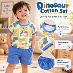 AILEBE Kids Sets Terno Dinosaur Print Short Sleeve T-Shirt And Shorts 2Pcs Set Pure Cotton Grade A Soft Breathable Elastic Casual OOTD Pambahay Pang Gala For Baby Boys Girls 0-4 Years Old
