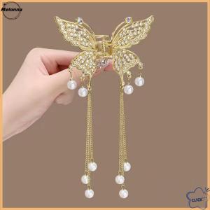 Follow Get More【Metonna】 Exquisite Rhinestone Butterfly Fringe Hair Claw Clips Korean New Ponytail Braid Hairpin Girl Crab Metal Headdress Gift