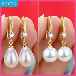 JCSYFAC Trang sức cho nữ bông tai ngọc trai hình giọt nước bông tai ngọc trai trắng đỏ dáng tròn và bầu dục quà tặng đám cưới đính hôn ngày Valentine