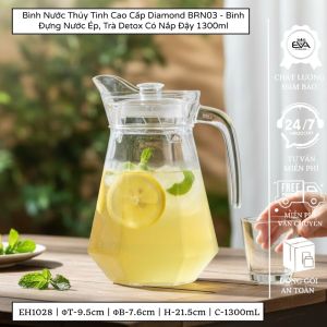 Bình Thuỷ Tinh Đựng Nước 1.3L Quai Cầm Miệng Rót Đáy Cạnh Kim Cương EH1028 Glass Pitcher Diamond Shape Striped Jar 1300 ML