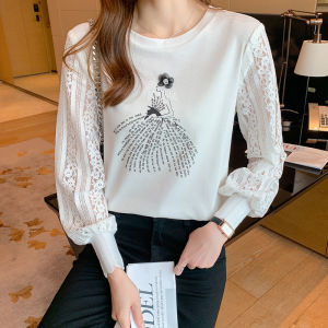YIGE 2021 Korean Version Round Neck Stitching Lace Long-Sleeved Letter Printing Women's T-Shirt