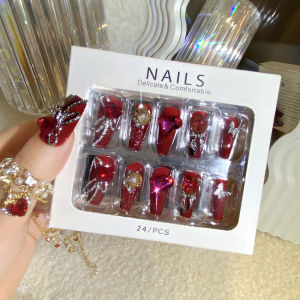 【With Glue】Female Mid-length Fake Nail Sweet Red New Year Bride Decor Artificial Nail for Women and Girl Party Activity
