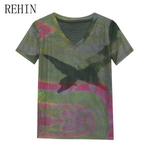 REHIN Summer Fashion Mesh tie-dye Printing Short Sleeve T-shirt V-neck Slim Fit Elegant Womens top