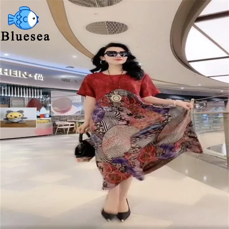 Bluesea mall Women Retro Ethnic Style Printing Dress Large Size Loose Round Neck A line Skirt Fashion Short Sleeve Dress Lazada Singapore