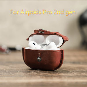 Genuine Leather Case For AirPods Pro 2 Crazy Horse Cowhide Leather Cover With Hook Bluetooth Wireless Headphones Box