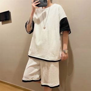 Summer simple five-sleeve versatile five-pants artistic Harajuku mens casual suit new trendy style