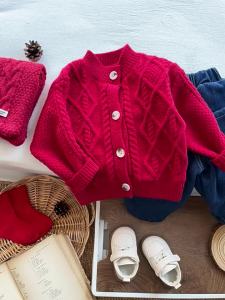 Korean autumn and winter childrens clothing baby New Year style twisted knit cardigan winter red sweater for boys and girls for New Year greetings