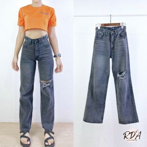 RDA Apparel. กางเกงขายาว ผญ​ เอวสูง ขากระบอกตรง ผ้าไม่ยืด สีดำฟอก แต่งขาด ไซส์ S-XL กางเกงยีนส์ ผู้หญิง ไม่รัดขา ยาว 39-40 นิ้ว