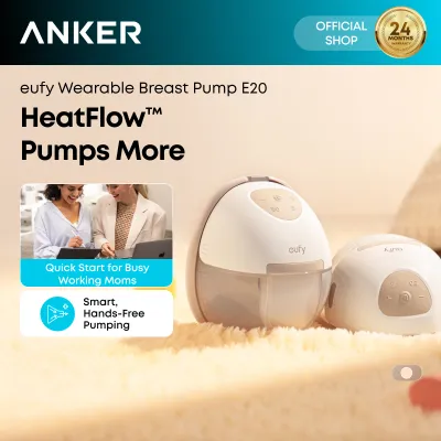 Anker eufy Heated Wearable Breast Pump E20 3 Heat Levels Hands-Free Breast Pump with Innovative HeatFlow Optimized Rhythm via App Hospital-Grade Suction Leakproof Ultra-Slim and Quiet for in-Bra Use - T6060