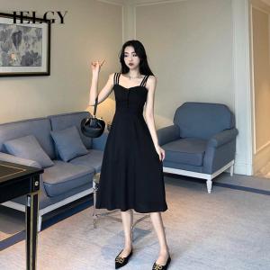 IELGY ĐẦM ĐI Nghỉ Không Tay Màu Đen Kiểu Pháp Eo Thon Cho Nữ