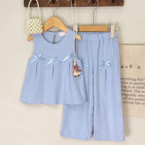 Gấu Lãnh Đạo Thời Trang Bộ quần áo Cho mùa hè cho trẻ em Cung Mới NƠ REN Không Tay T-Shirt Và quần dài 2 Mảnh Phù Hợp Với Cho Bé Gái Của Trang Phục Màu Xanh Quần Áo Trẻ Em 3-7 Năm Của Outwear