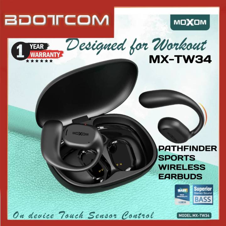 Moxom MX TW34 Pathfinder Sports Wireless Earbuds Bluetooth Designed For Workout Jogging Running For Samsung Huawei Honor OPPO VIVO XiaoMi Realme Sony OnePlus Lenovo IP Lazada