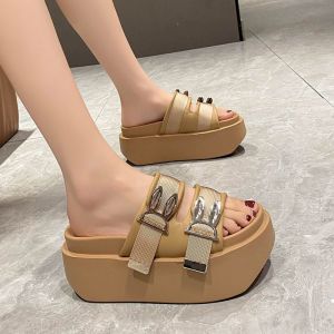 European High-end Thick-soled Heightened Slippers for Womens Summer New Wear Internet Celebrity Popular Rabbit Ears Muffin Flip-flops
