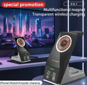[SG Stock] 6-in-1 Magnetic Wireless Charger Stand | 15W Fast Charging Station for iPhone 13/12 Apple Watch & AirPods Pro | Built-in Digital Alarm Clock | Transparent MagSafe Design