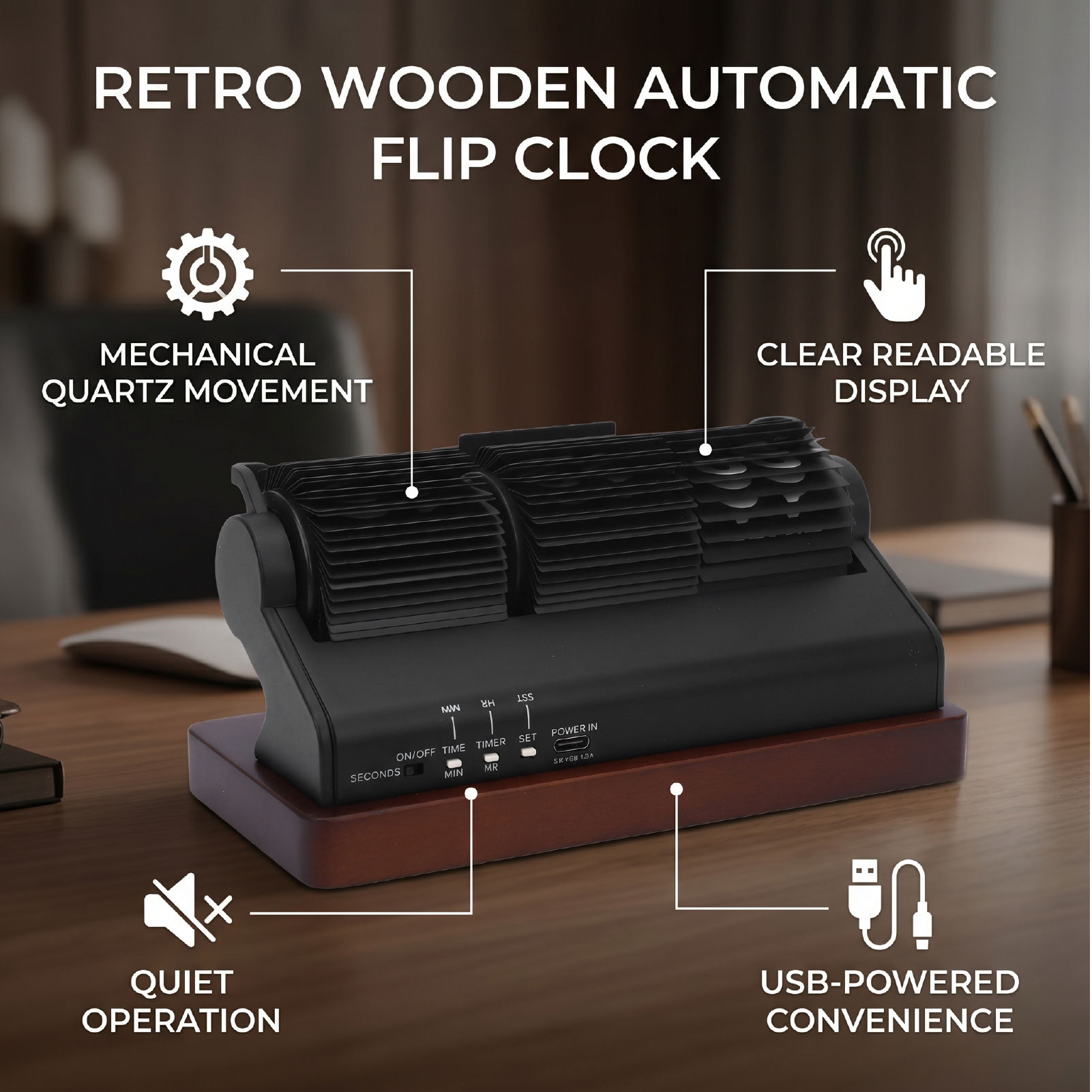 Modern Desktop Clock Decdeal Flip Clock Mechanical Quartz Movement USB Powered Retro Wooden ...