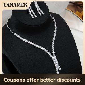 【 CANAMEK 】 2Pcs Simple Geometric Zircon Necklace Earrings Kit For Women Wedding Bride Jewelry Set Accessories Gift