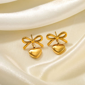 hikaw 18k saudi gold original earrings legit pure gold French ribbon knot heart-shaped bow color blocked heart-shaped earrings hypoallergenic non tarnish dangling Daily use