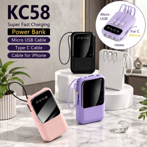 Original RII New KC58 POWER BANK 20000mAh 20W Fast Charging Powerbank with LED Digital Display with 4 cable