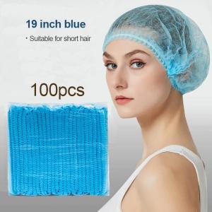 100Pcs Blue/White Shower Cap Disposable Head Cap Non Woven Cap/Bouffant Cap Lightweight