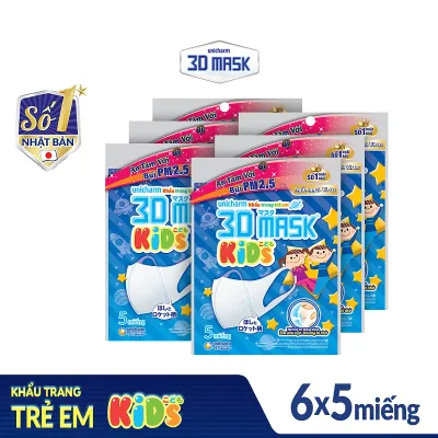 Combo 6 gói Khẩu trang dành cho bé Unicharm 3D Mask Kid ngăn được bụi mịn PM2.5 và vi khuẩn (5 miếng/gói)