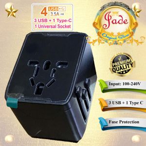 Universal Travel Adapter 3 in 1 Socket Converter & Fast Charger USB-A + USB-C / Type-C International wall plug colokan steker quick charging US EU AU UK w/ safety fuse protection