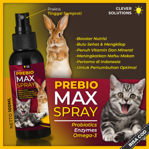 Clever Solutions - PREBIO MAX SPRAY (Vitamin Kucing Boost Nutrisi Makanan Kucing Pelebat & Penumbuh Bulu Kucing Suplemen Kucing) [Macxcat Olive Care Body Big Cat Furicat Bigicat Dewarangga]