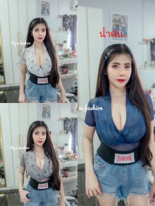 บอดี้สูทซีทรูแขนสั้นไขว้หน้ากระดุมแต๊บแกะได้